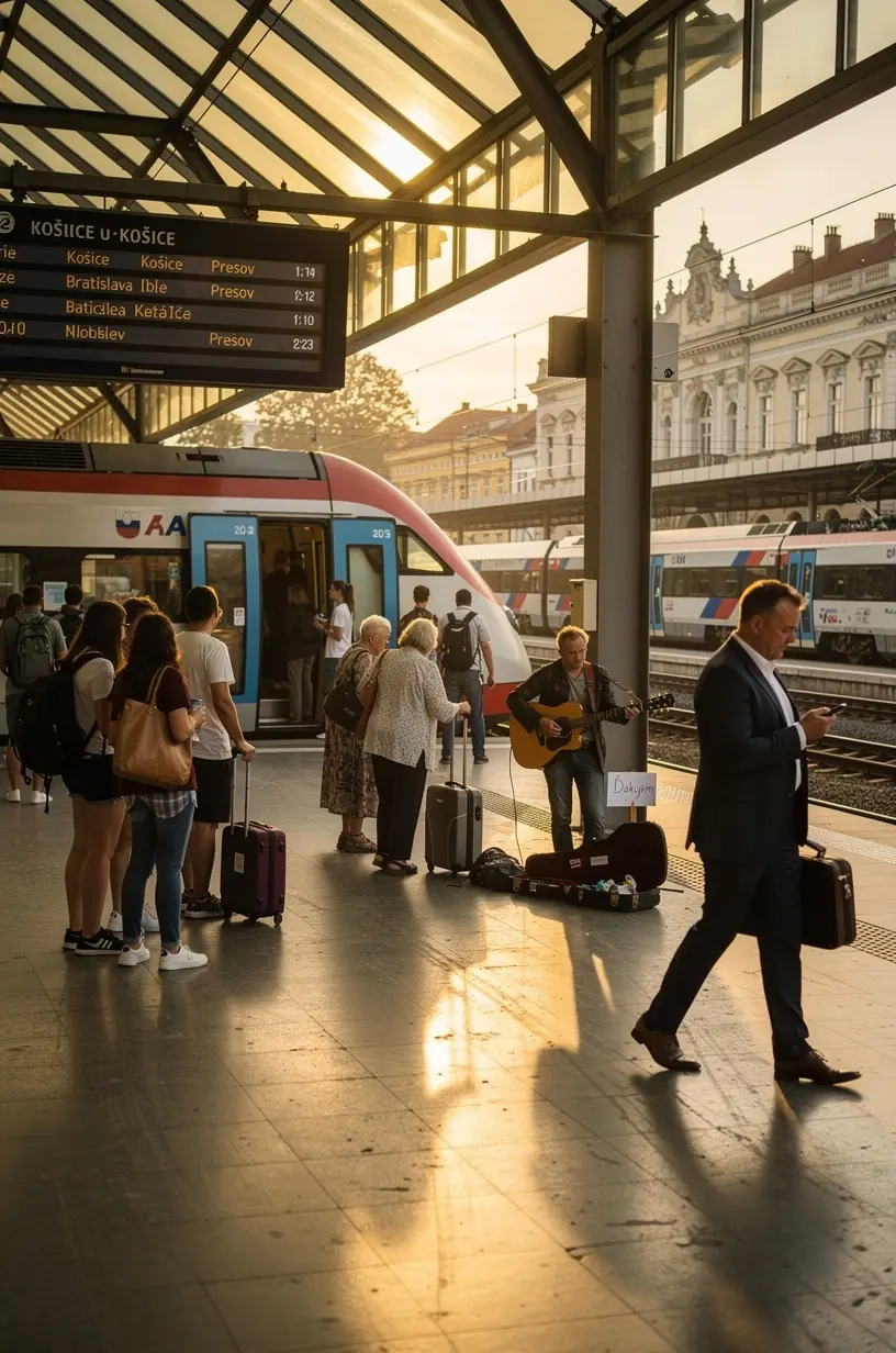 Pohľad na trať vedúcu cez slovenskú krajinu s vlakom v pozadí a jasným slnečným počasím, ideálnym na cestovanie.