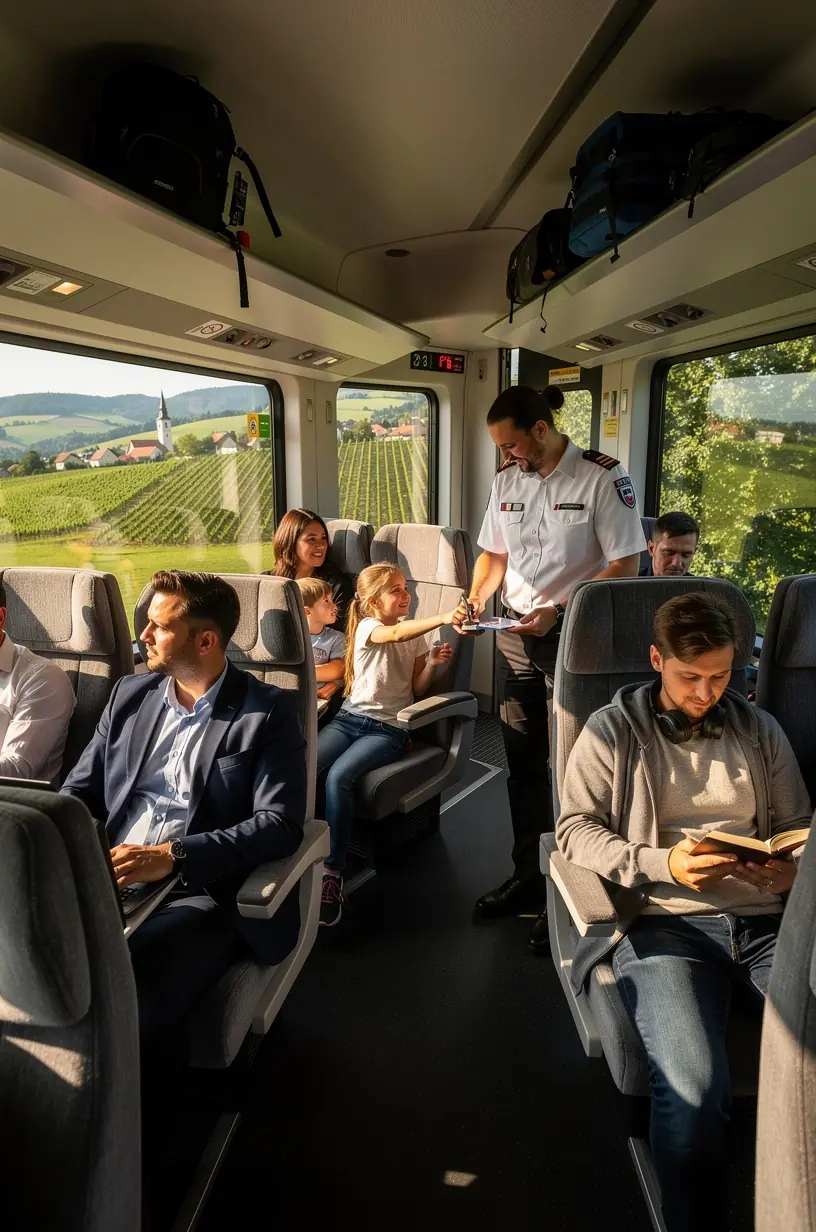 Cestujúci s batožinou vystupujúci z vlaku v malebnom meste, pripravení na pešiu prehliadku pamiatok.